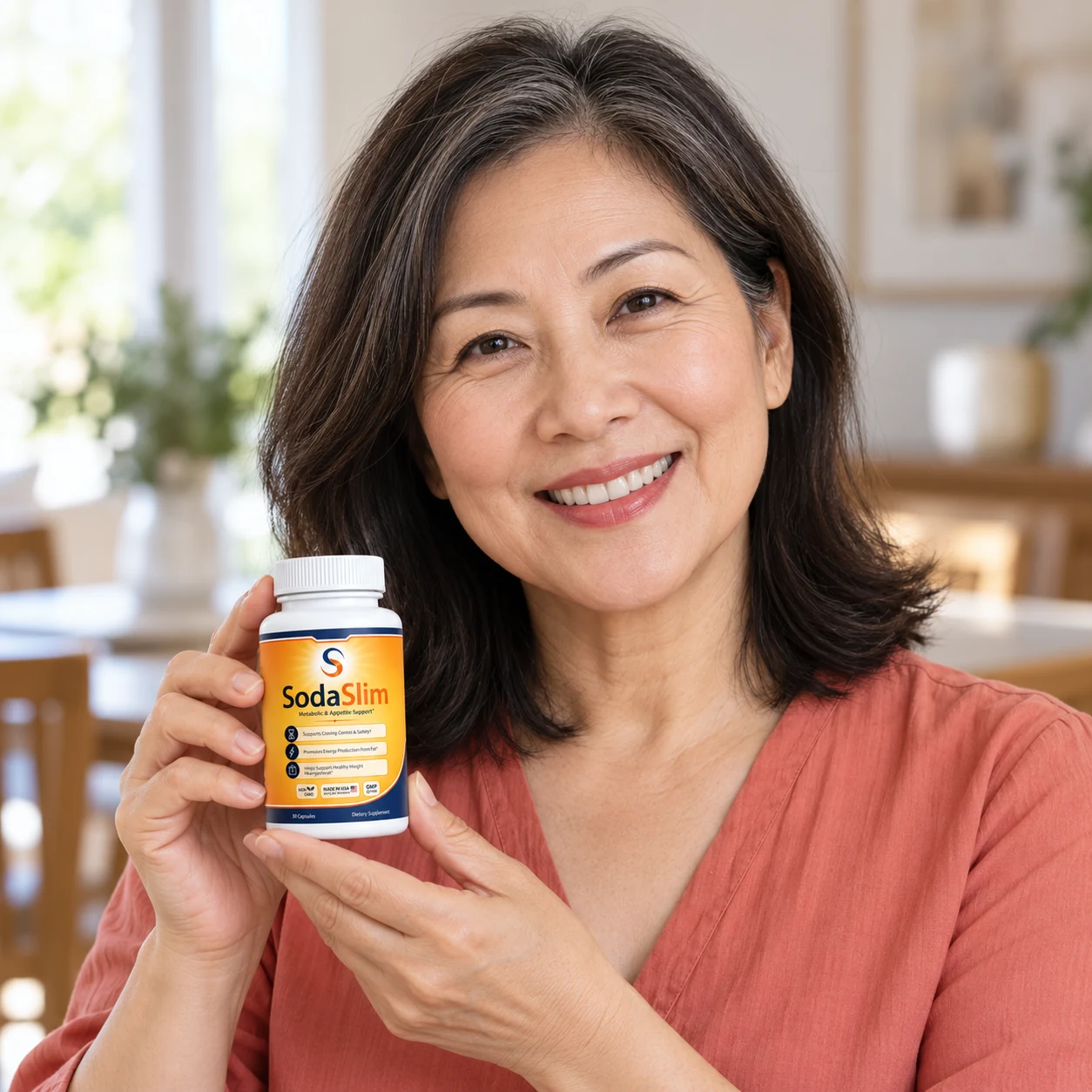 AI-generated illustrative portrait of Linda holding SodaSlim