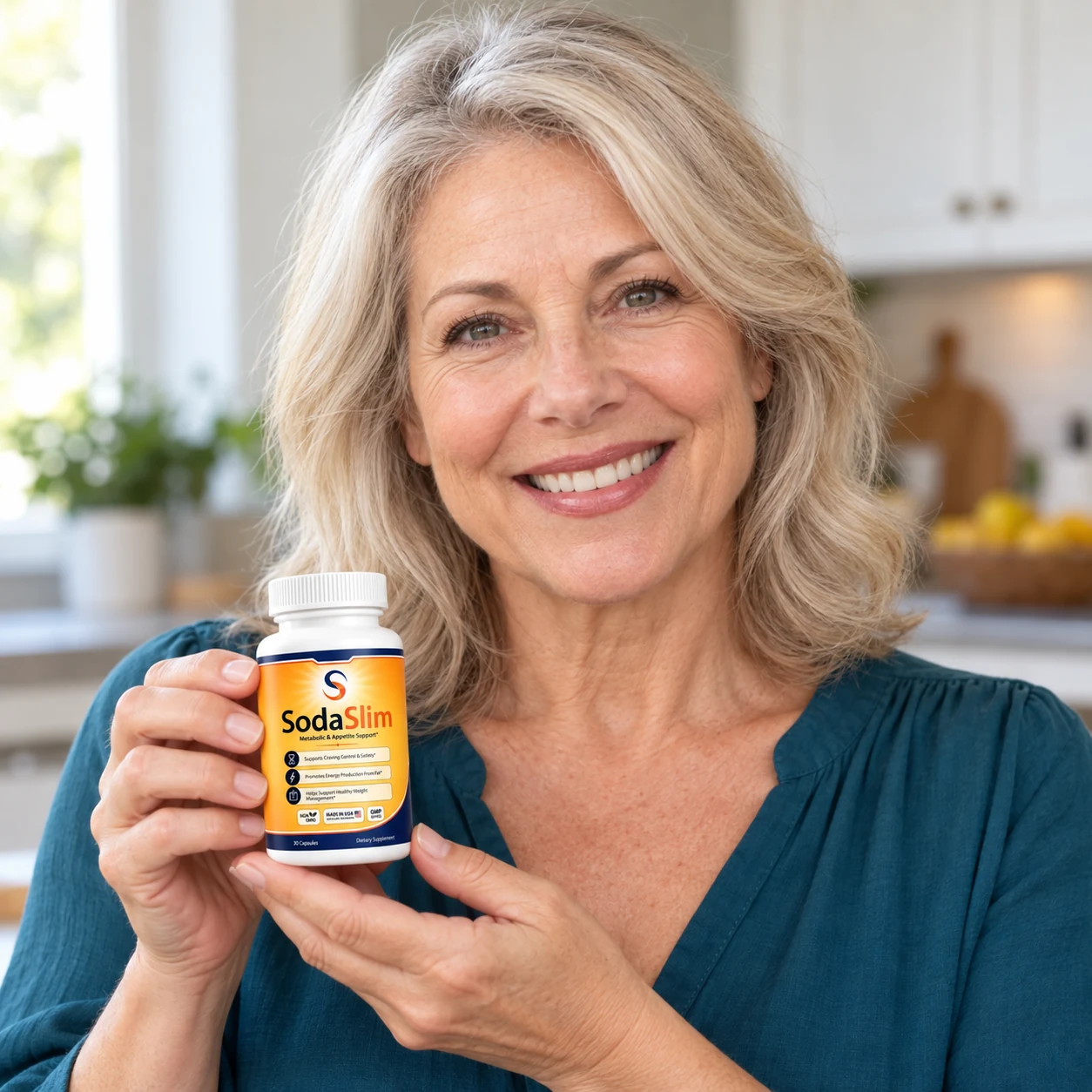AI-generated illustrative portrait of Susan holding SodaSlim