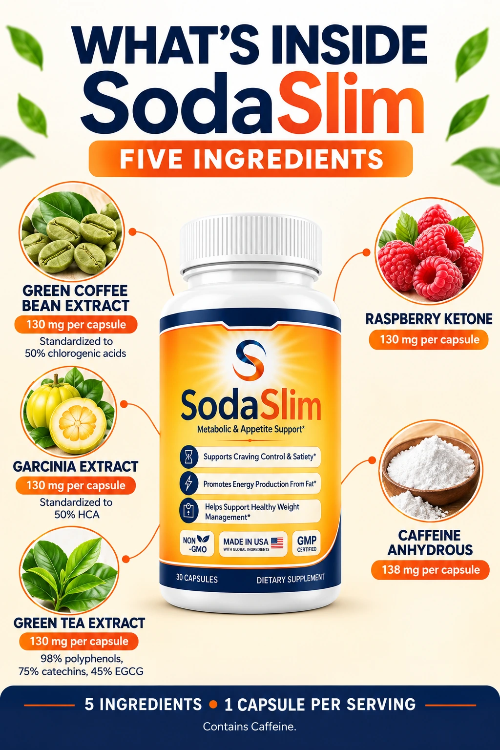 SodaSlim five ingredients: green coffee, green tea, garcinia, raspberry ketone and caffeine